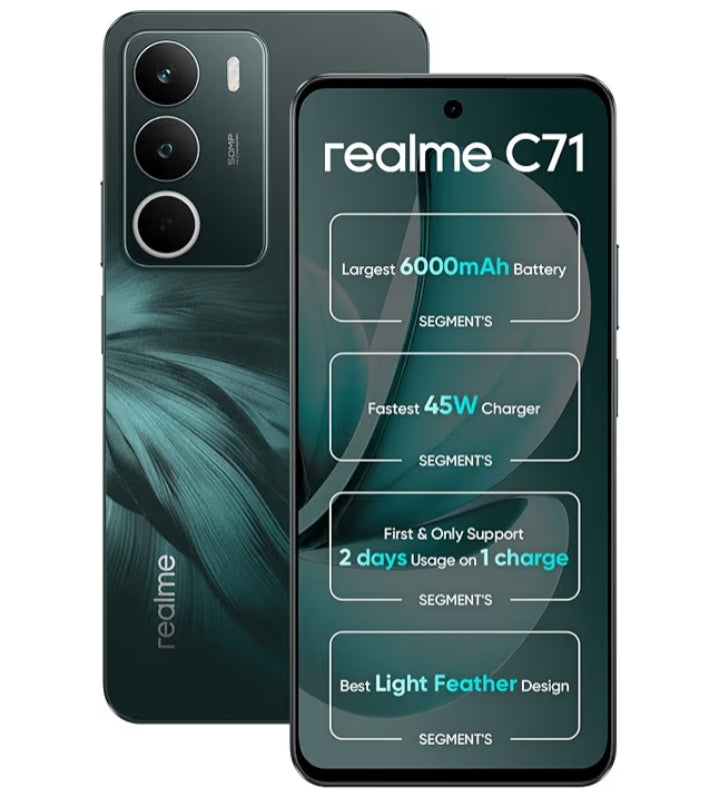 ريلمي C71 بشريحتي اتصال 256 جيجابايت، تصميم غابة البومة | بطارية 6000 مللي أمبير | شحن 45 واط | استخدام لمدة يومين على شحنة واحدة | ذاكرة رام ديناميكية 24 جيجابايت | كاميرا AI 50 ميجابيكسل | ضمان لمدة